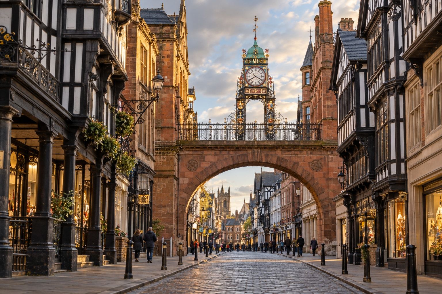 Generated illustration of Chester's Eastgate Clock and historic streetscape