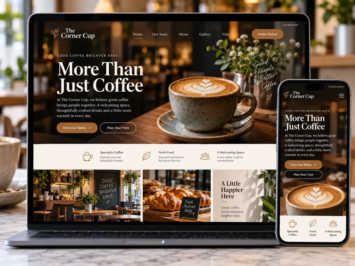 Example design: The Corner Cup website on a laptop and phone
