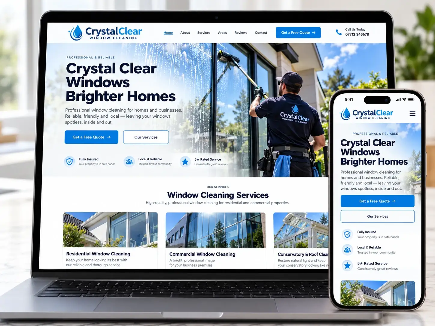 Example design: CrystalClear Window Cleaning website on a laptop and phone