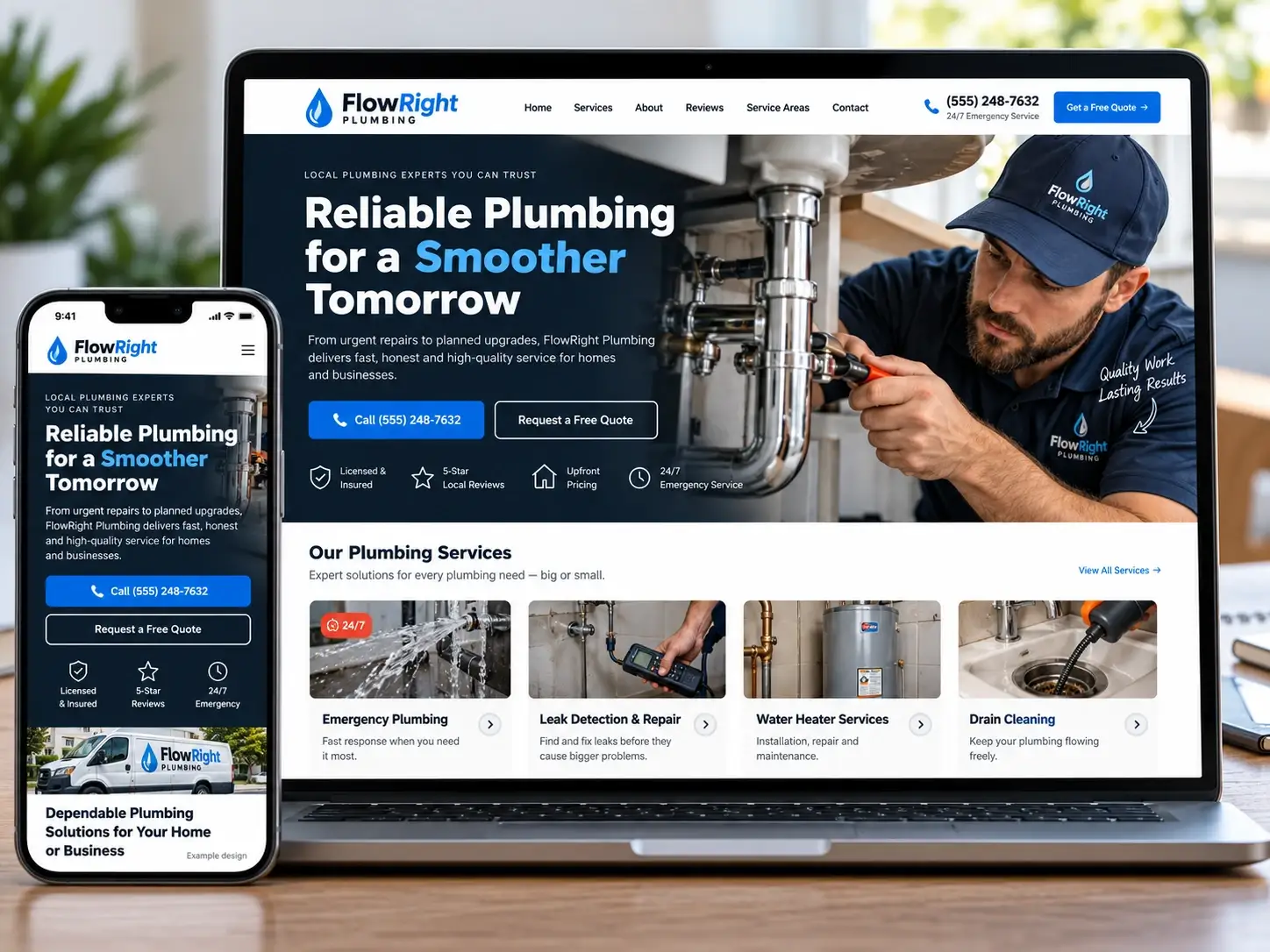 Example design: FlowRight Plumbing website on a laptop and phone