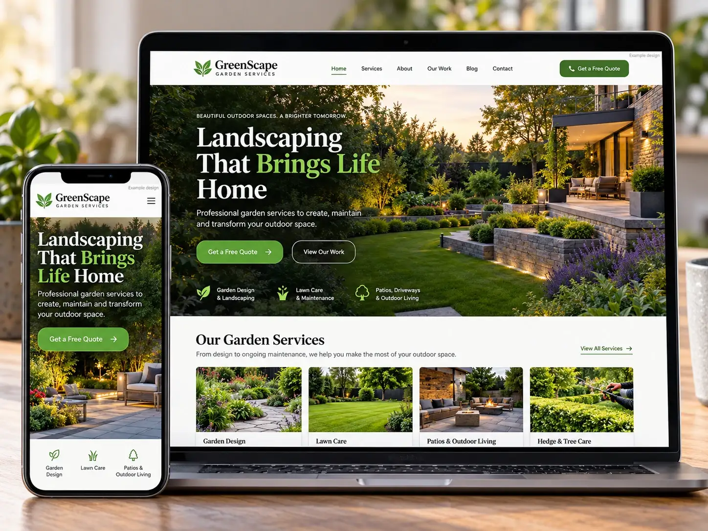 Example design: GreenScape Garden Services website on a laptop and phone
