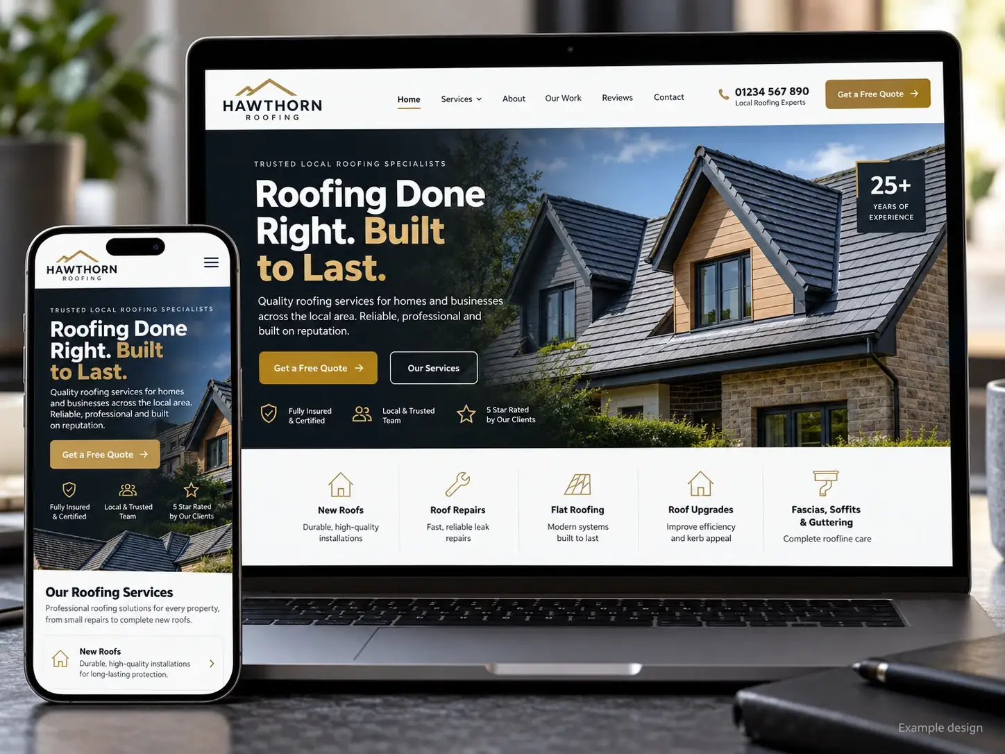 Example design: Hawthorn Roofing website on a laptop and phone