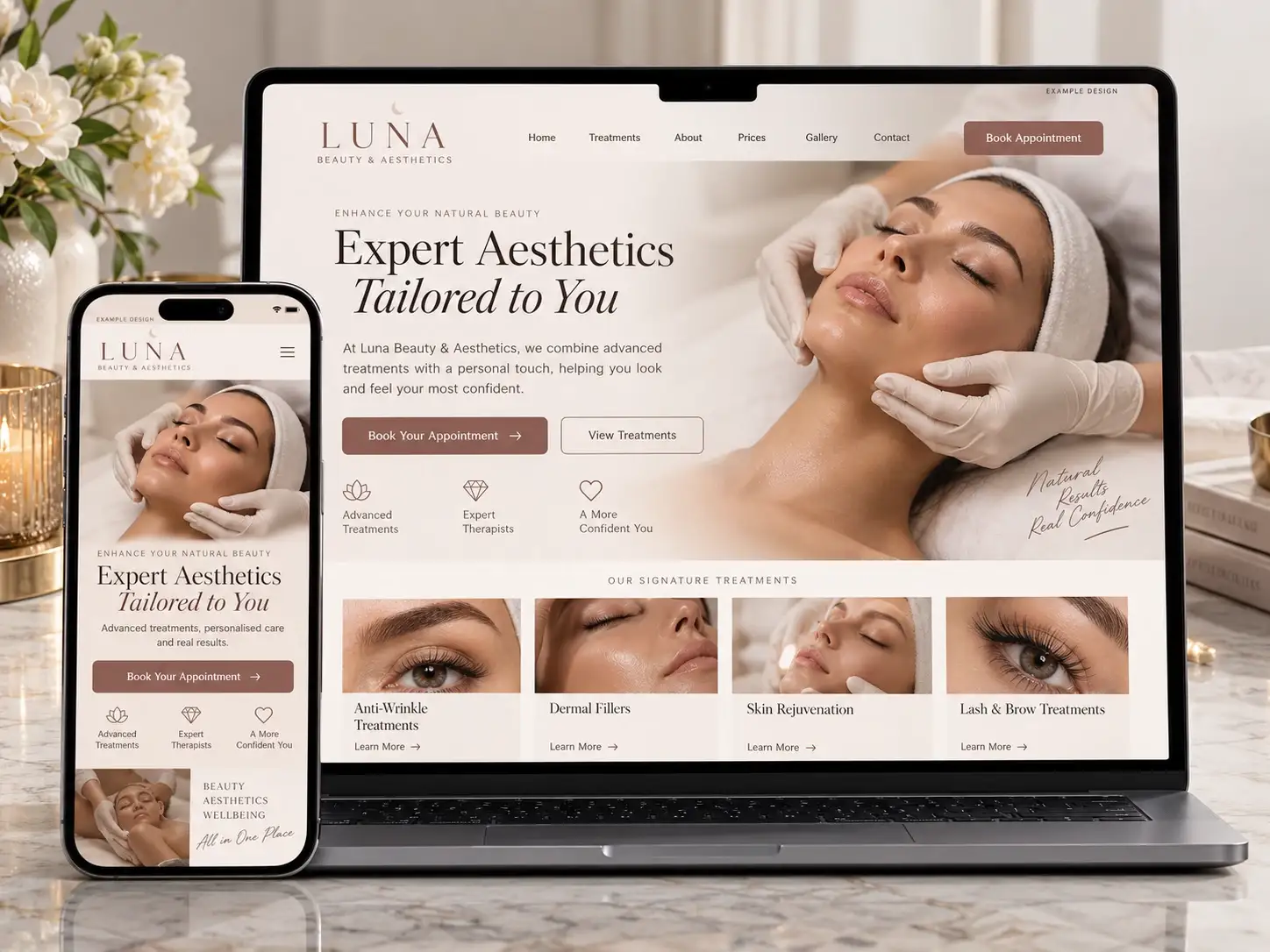 Example design: Luna Beauty & Aesthetics website on a laptop and phone