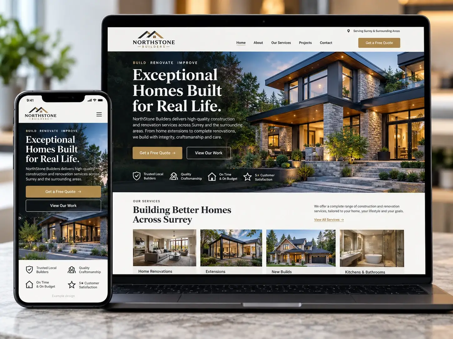 Example design: NorthStone Builders website on a laptop and phone