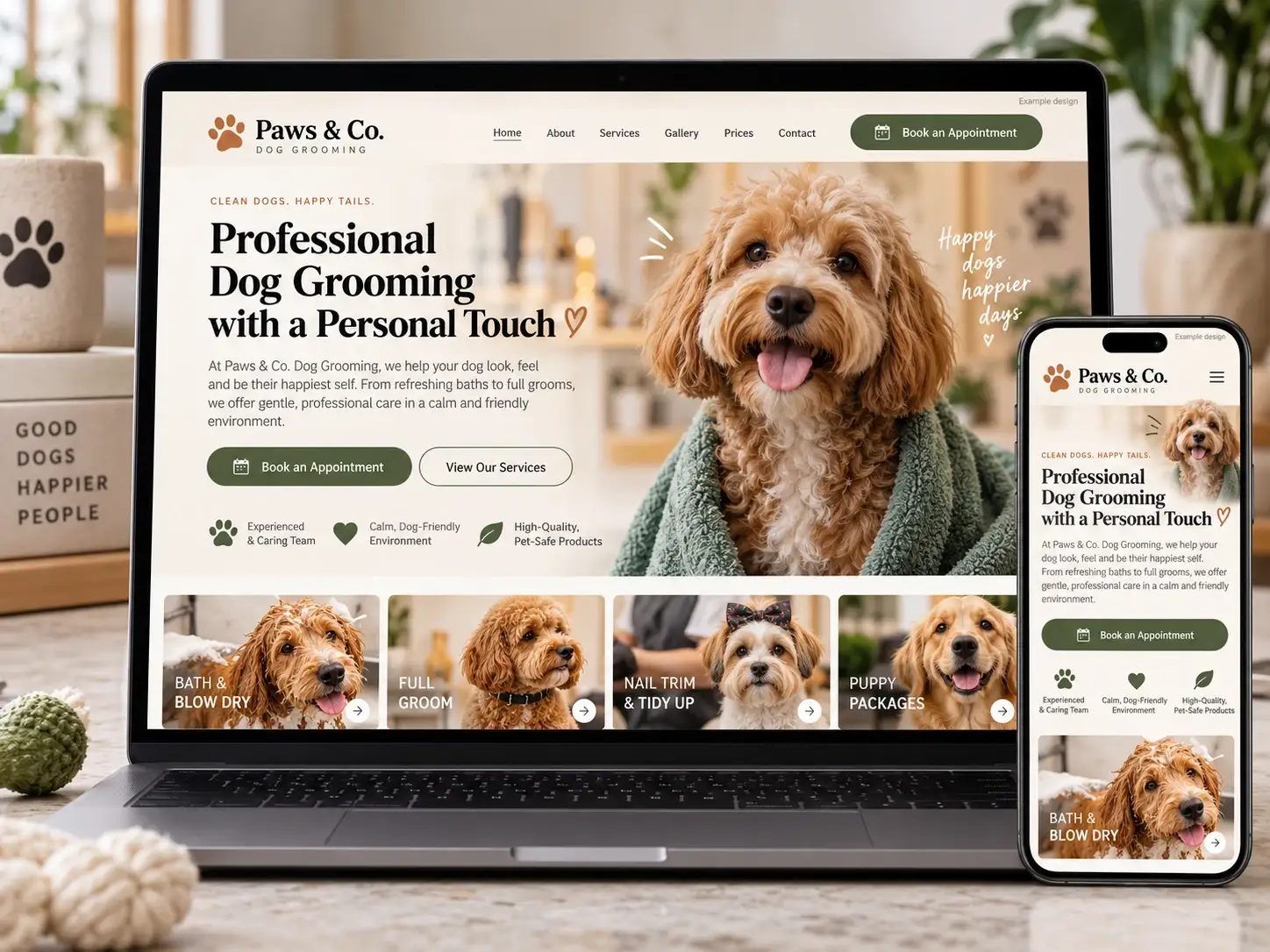 Example design: Paws & Co. website on a laptop and phone
