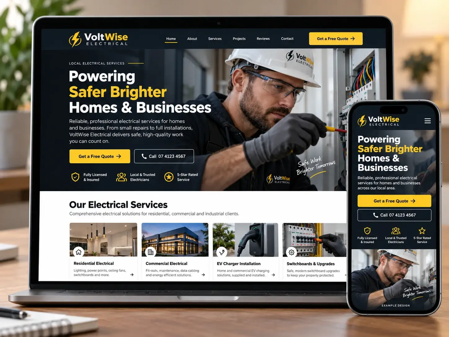 Example design: VoltWise Electrical website on a laptop and phone